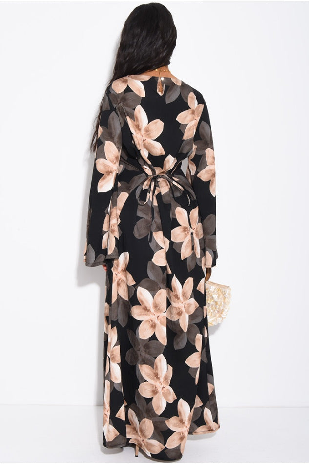 Lila Large Floral Flare Sleeve Maxi Dress-Black