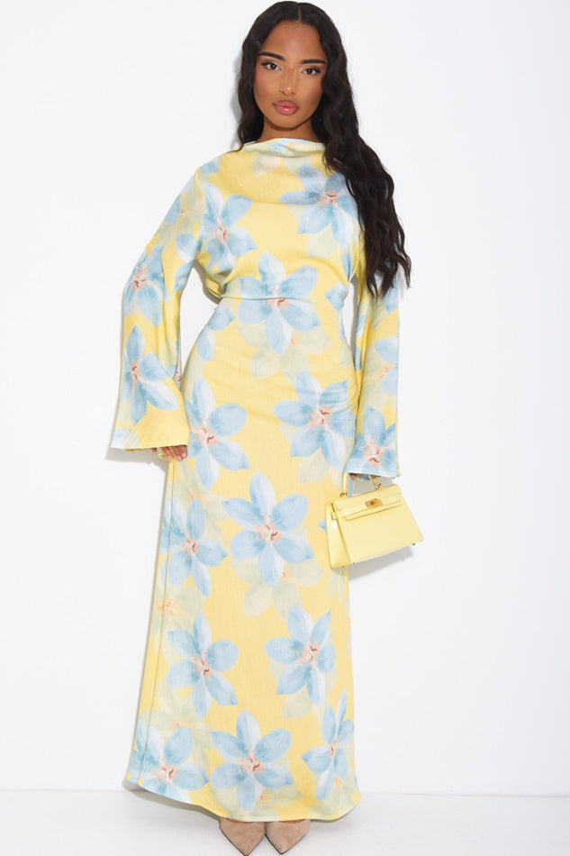 Lila Large Floral Flare Sleeve Maxi Dress-Yellow