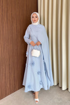 3D Floral Applique Draped Cape Maxi Dress-Blue