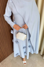 3D Floral Applique Draped Cape Maxi Dress-Blue