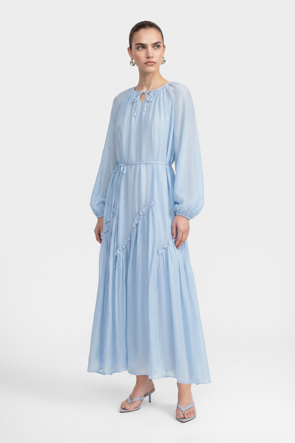 Amara Tie Neck Ruffled Maxi Dress-Blue