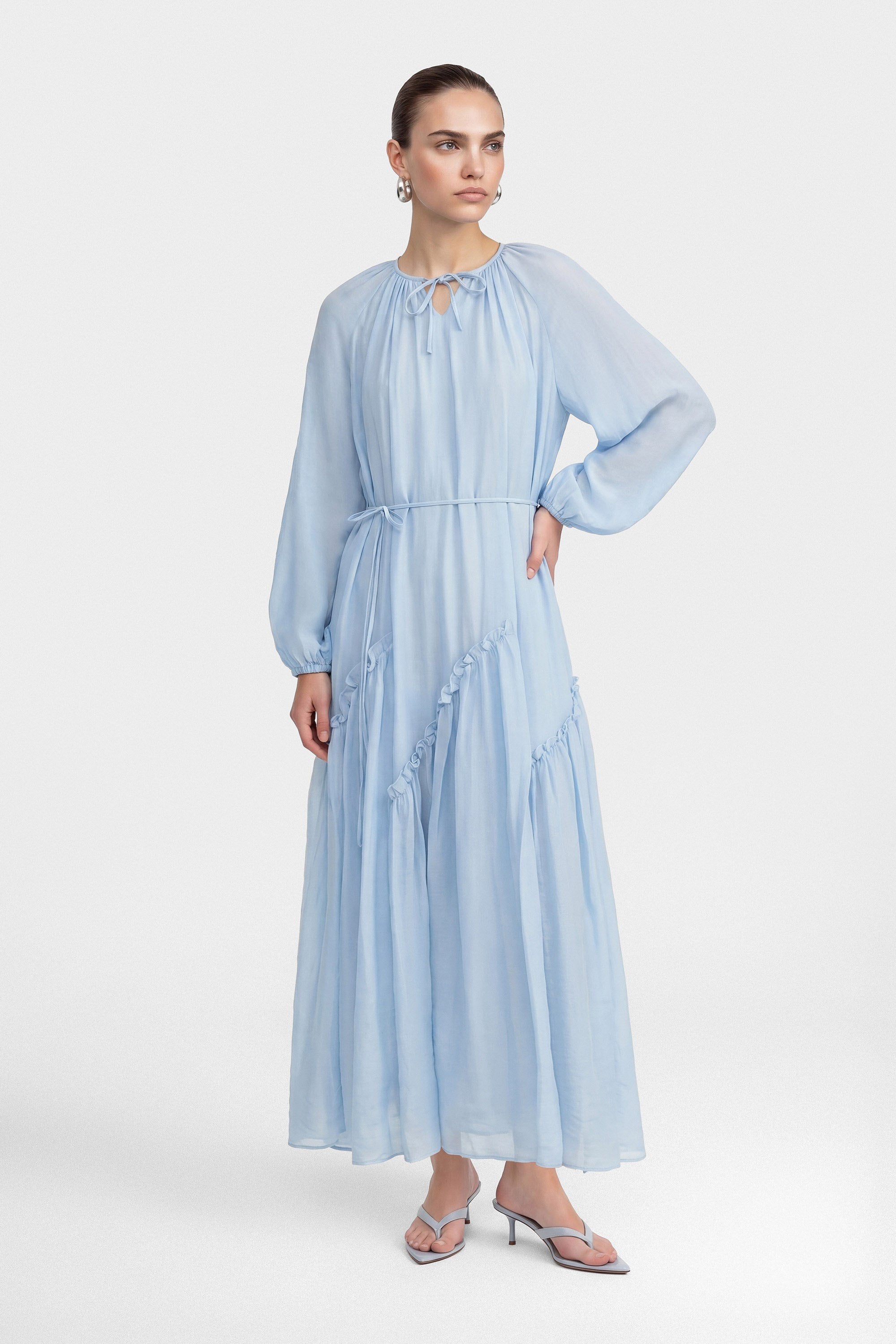 Amara Tie Neck Ruffled Maxi Dress-Blue