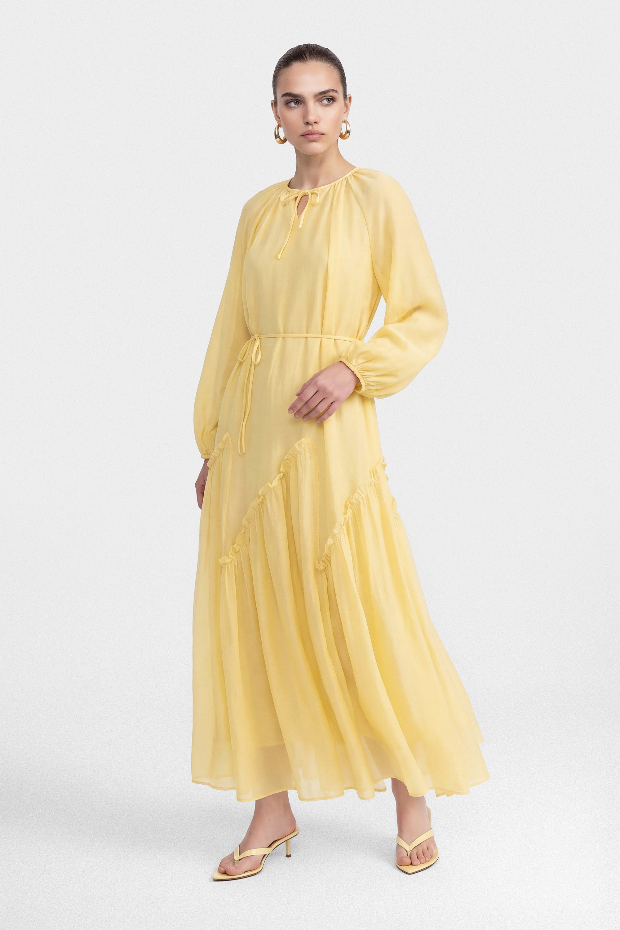 Amara Tie Neck Ruffled Maxi Dress-Yellow