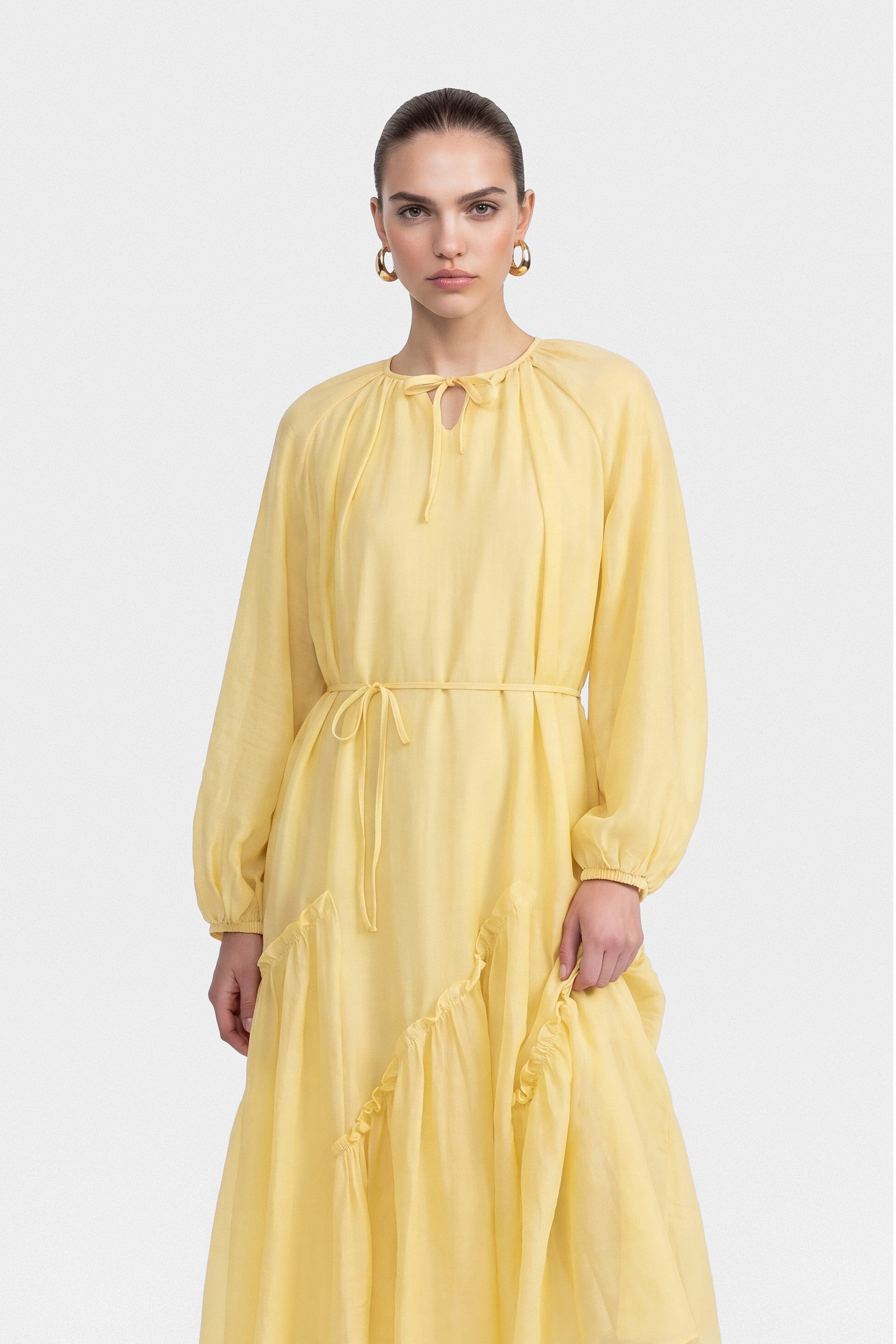 Amara Tie Neck Ruffled Maxi Dress-Yellow