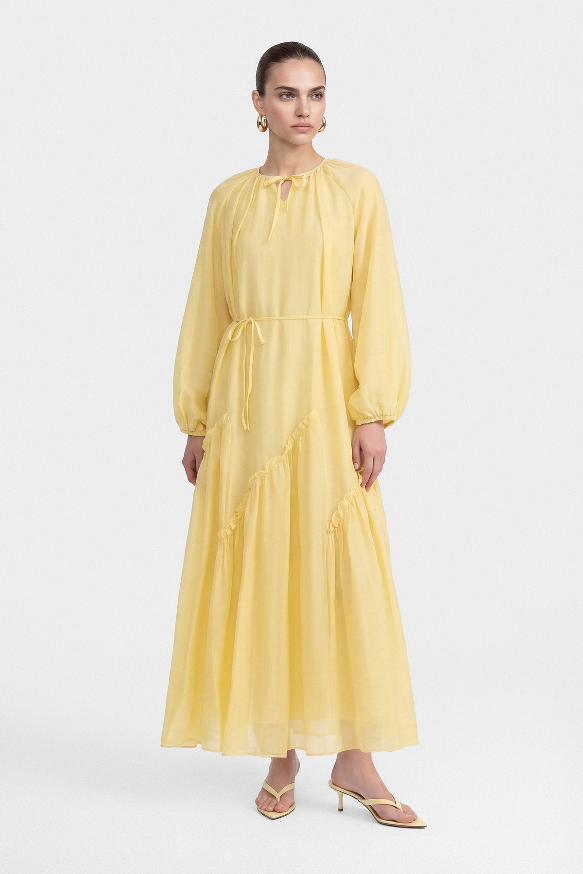 Amara Tie Neck Ruffled Maxi Dress-Yellow