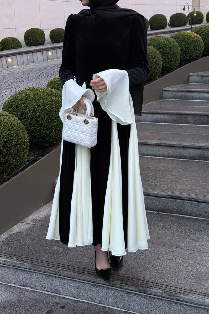Velvet Contrast Godet Pleated Maxi Dress