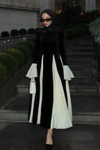 Velvet Contrast Godet Pleated Maxi Dress