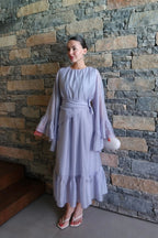Maya Ruched Waist Flared Sleeve Dress-Blue