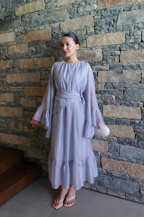Maya Ruched Waist Flared Sleeve Dress-Blue