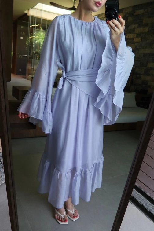 Maya Ruched Waist Flared Sleeve Dress-Blue