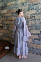 Maya Ruched Waist Flared Sleeve Dress-Blue