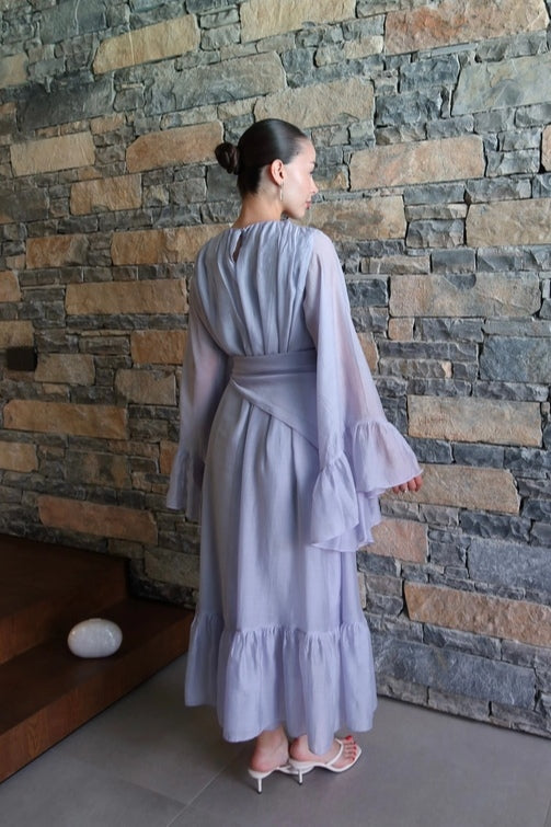 Maya Ruched Waist Flared Sleeve Dress-Blue