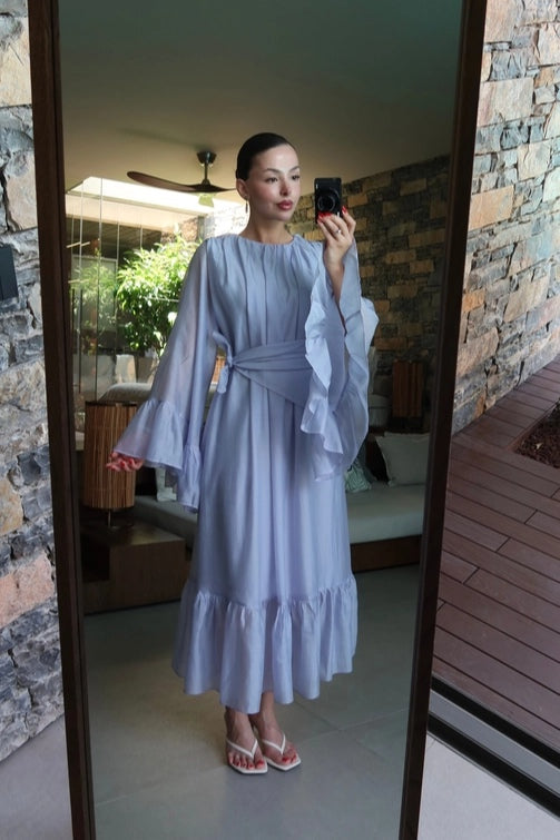 Maya Ruched Waist Flared Sleeve Dress-Blue