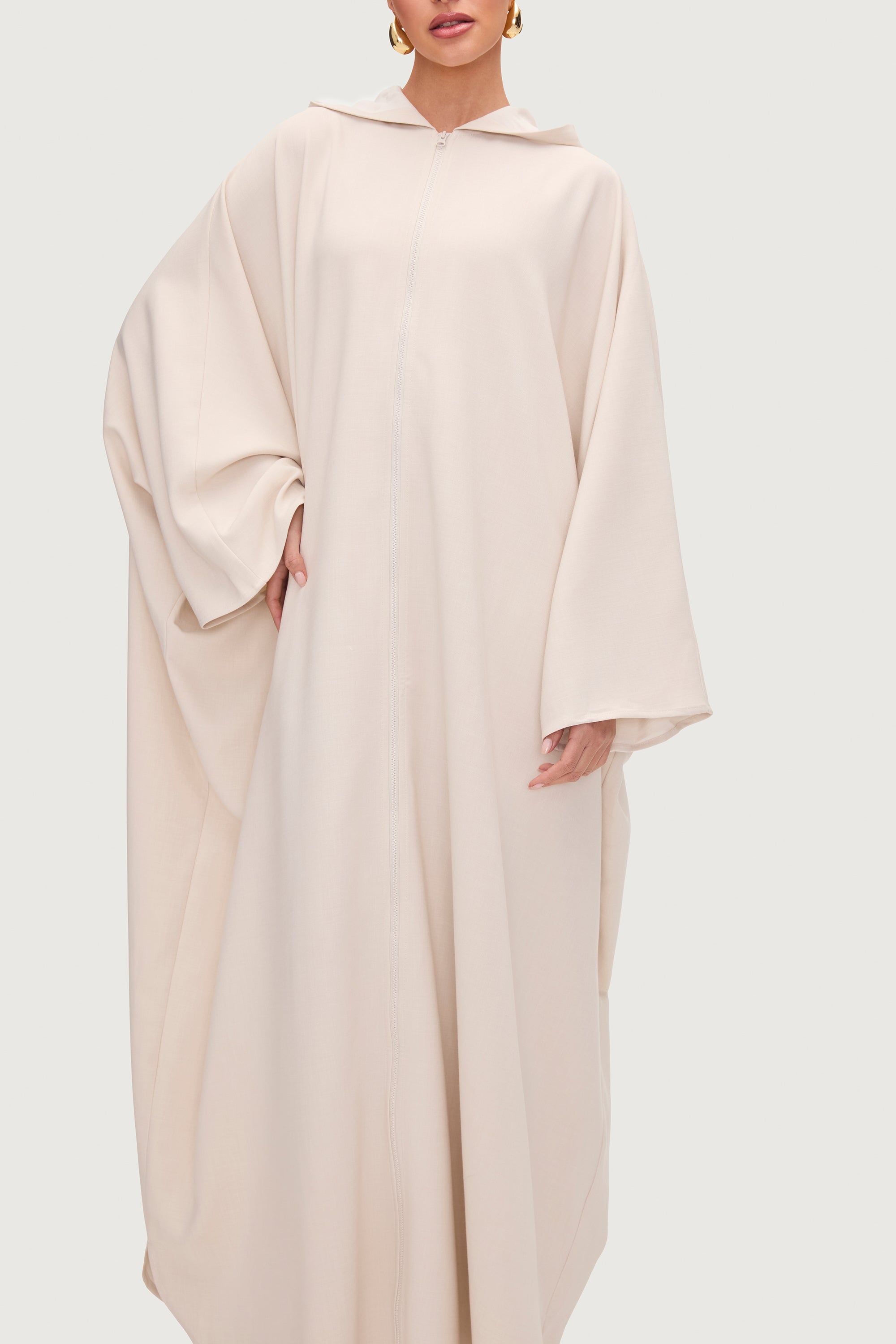 Saria Hooded Zip Front Kaftan Dress - Cloud