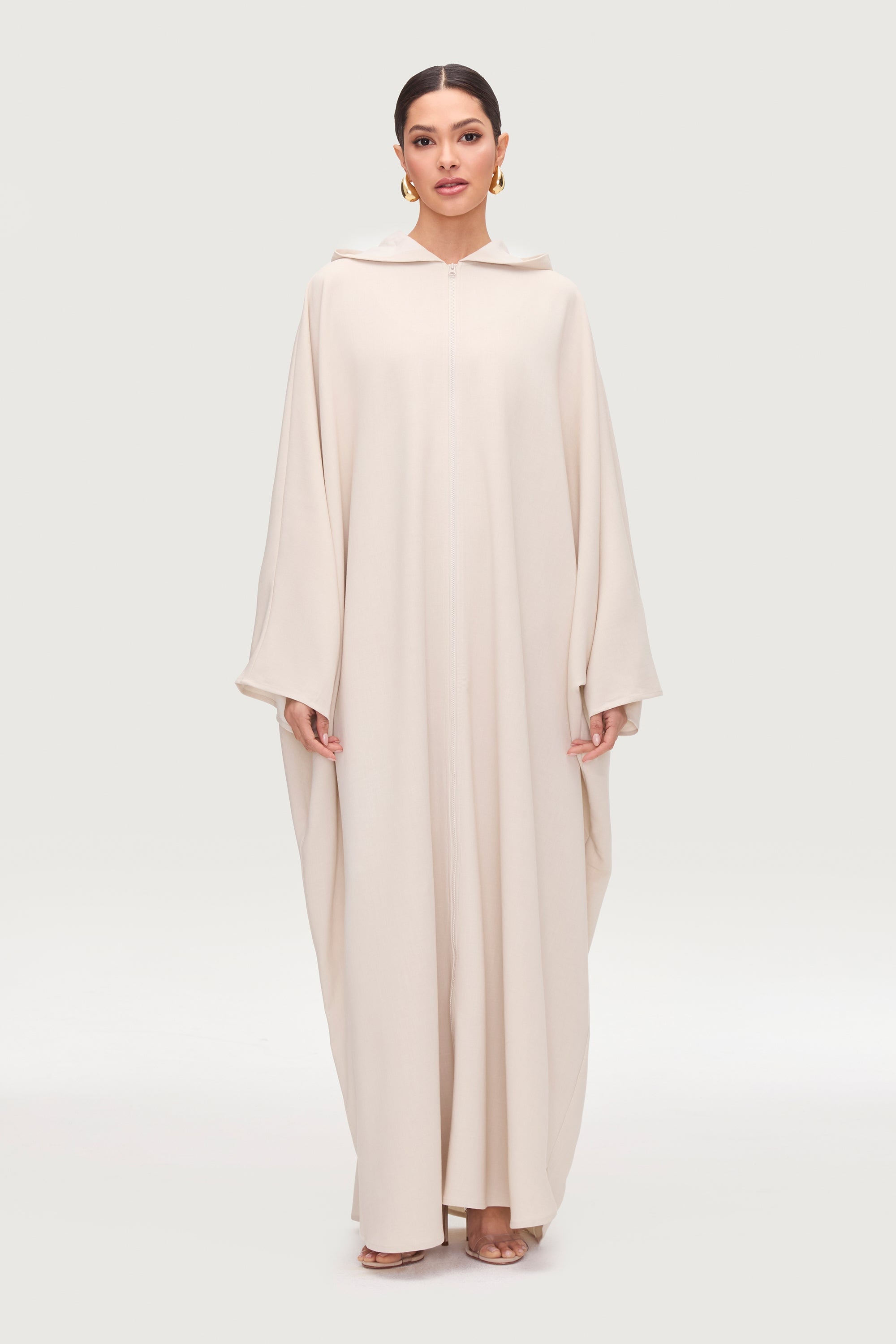 Saria Hooded Zip Front Kaftan Dress - Cloud