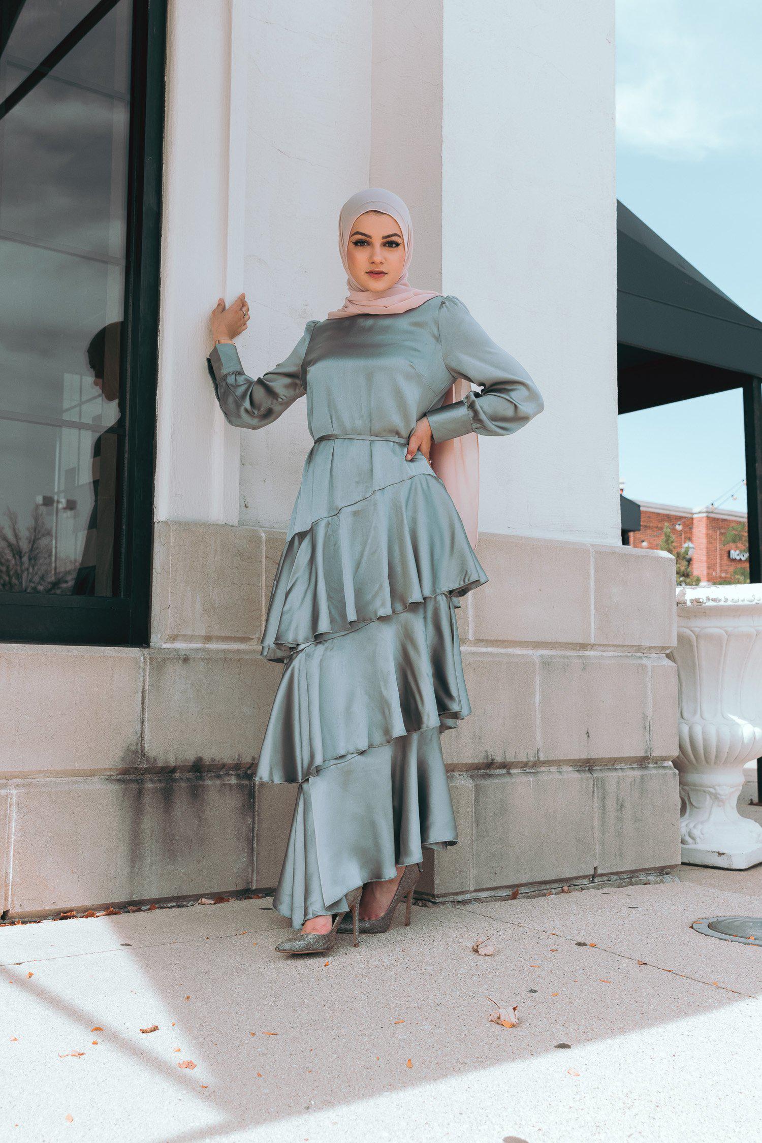 Noraya Premium Layered Satin Evening Wear-Green