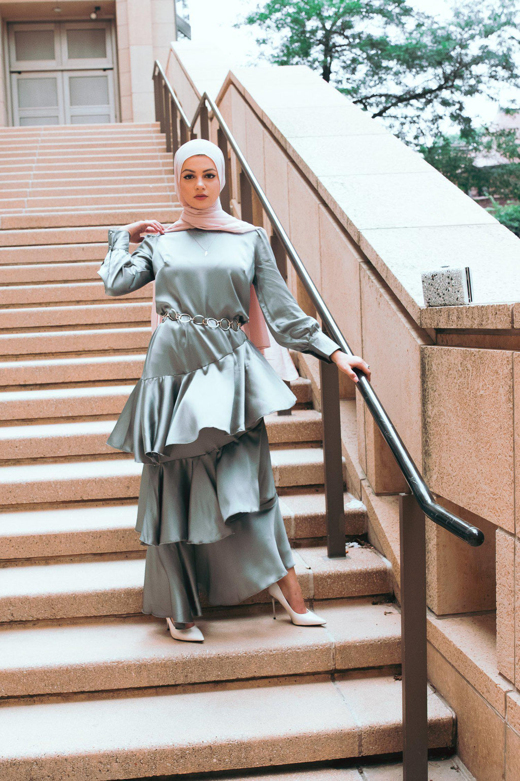 Noraya Premium Layered Satin Evening Wear-Green