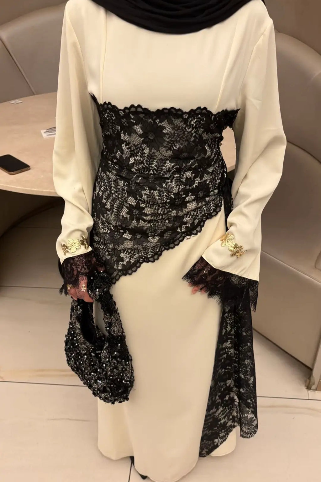 Asymmetric Lace-Trimmed Maxi Dress-Apricot