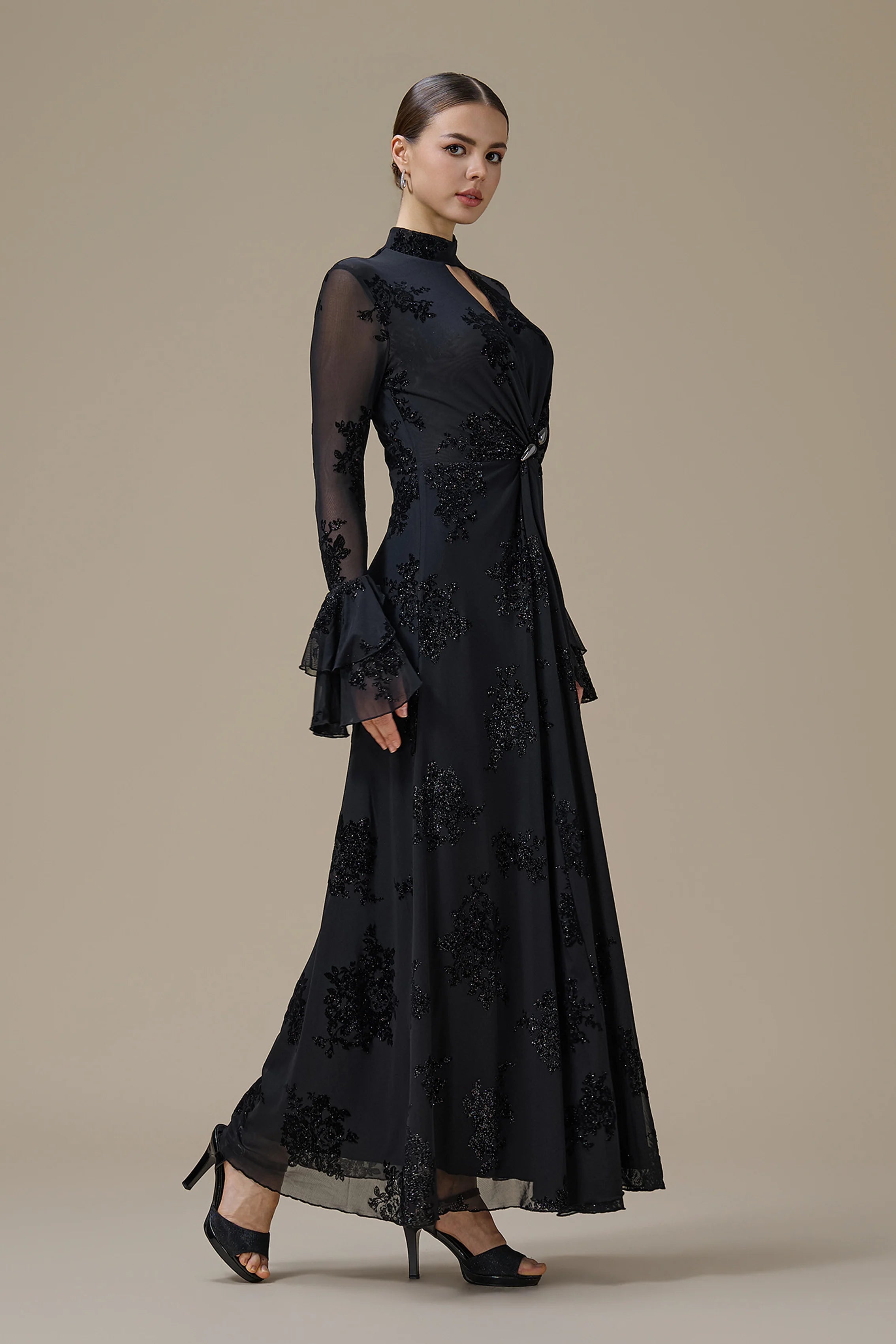 Kaia Twist Front Flare Sleeve Maxi-Black