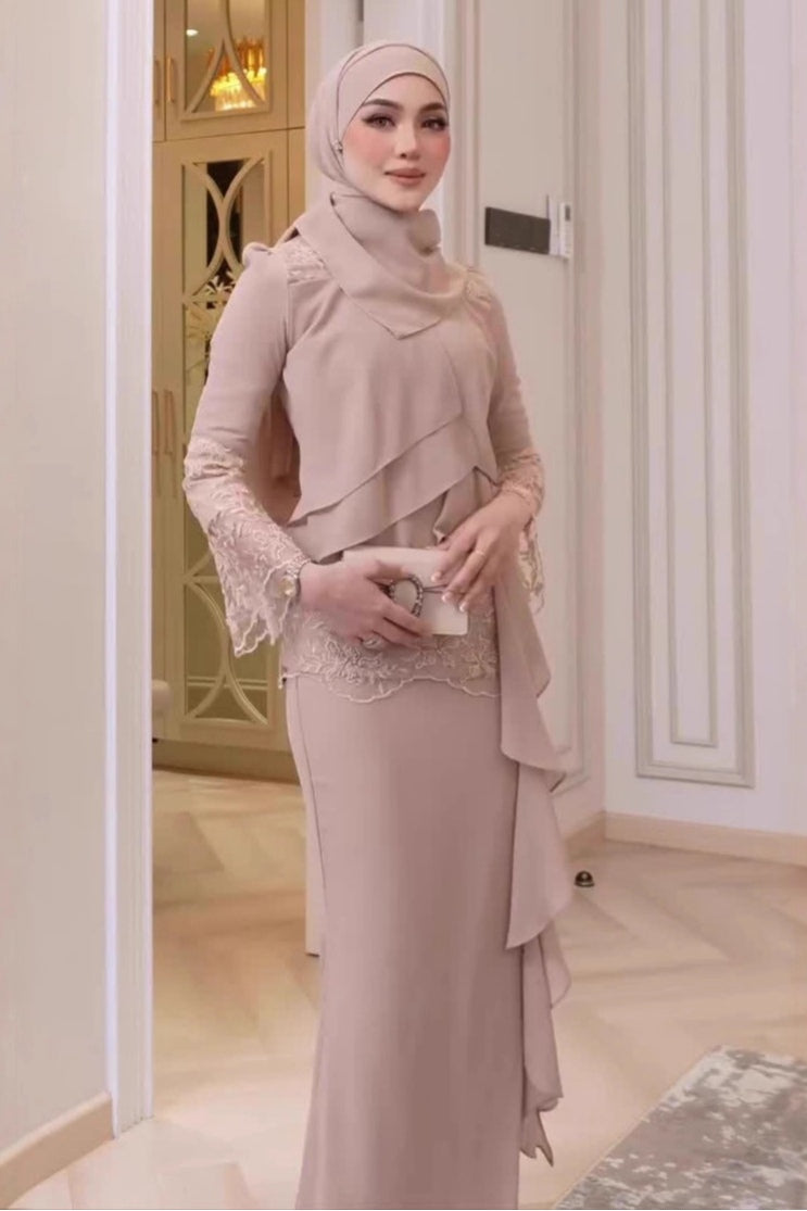 Nude Lace Asymmetric Ruffle Maxi Dress