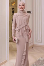 Nude Lace Asymmetric Ruffle Maxi Dress