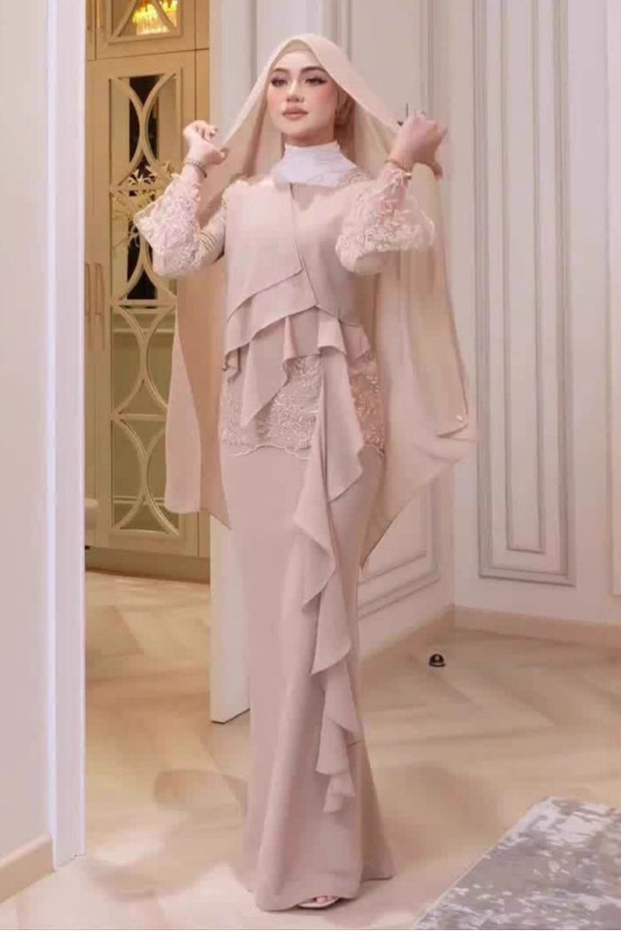 Nude Lace Asymmetric Ruffle Maxi Dress