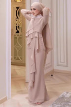 Nude Lace Asymmetric Ruffle Maxi Dress