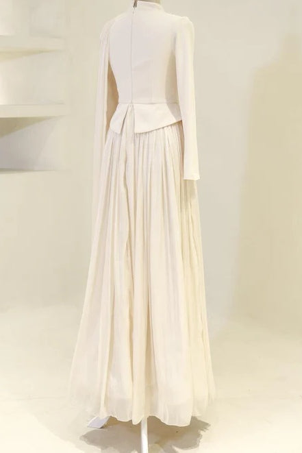 Yara Beaded Cape Peplum Pleated Maxi Dress-Apricot