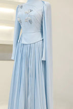 Yara Beaded Cape Peplum Pleated Maxi Dress-Blue