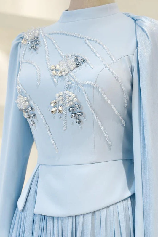Yara Beaded Cape Peplum Pleated Maxi Dress-Blue