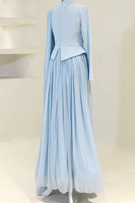 Yara Beaded Cape Peplum Pleated Maxi Dress-Blue