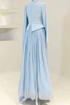 Yara Beaded Cape Peplum Pleated Maxi Dress-Blue