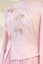 Yara Beaded Cape Peplum Pleated Maxi Dress-Pink