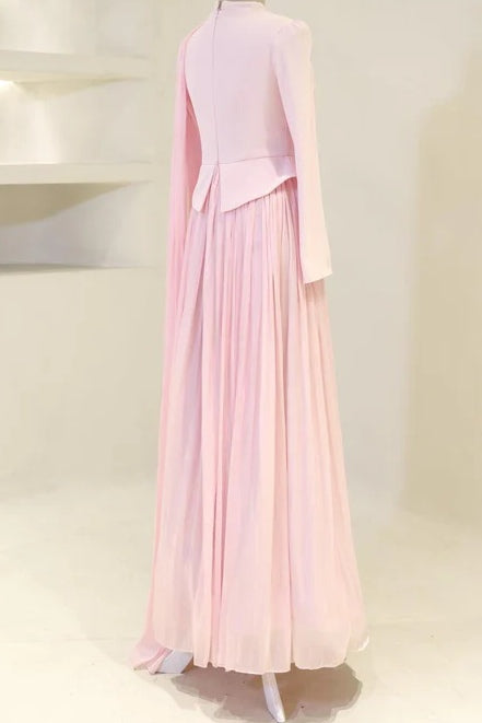 Yara Beaded Cape Peplum Pleated Maxi Dress-Pink