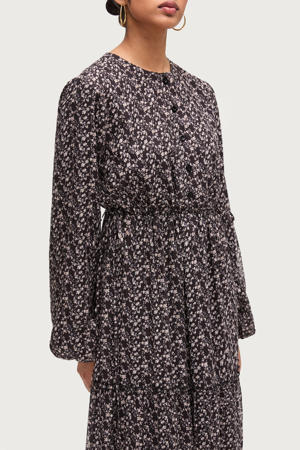 Tiered Flowy Button Down Maxi Dress - Black Floral