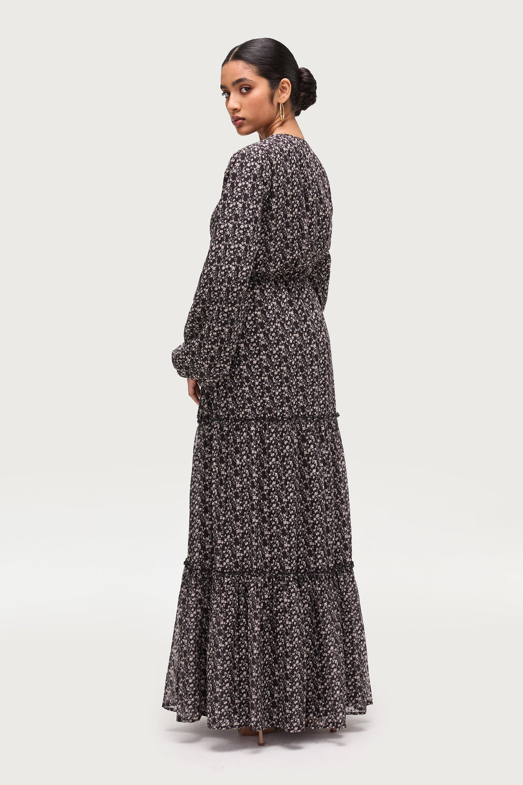 Tiered Flowy Button Down Maxi Dress - Black Floral