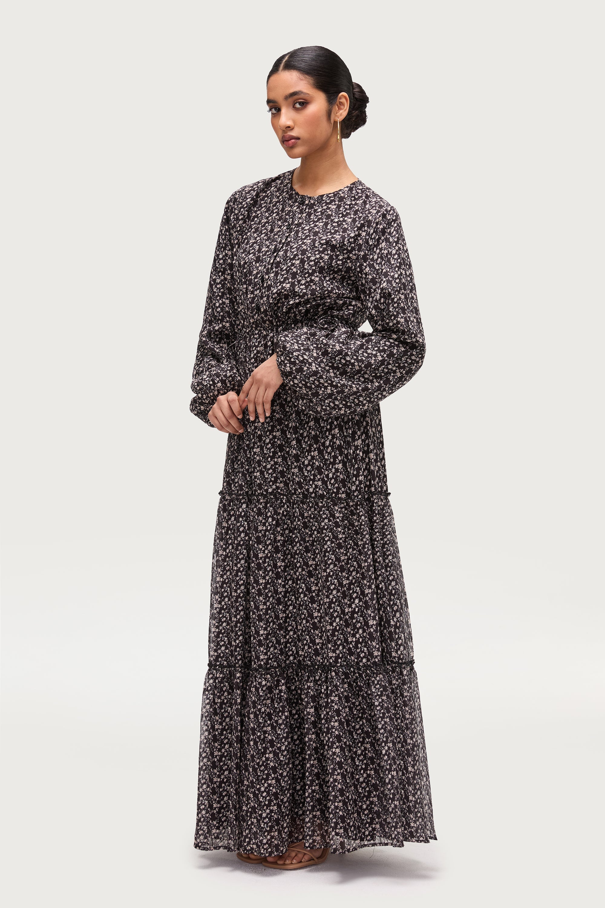 Tiered Flowy Button Down Maxi Dress - Black Floral