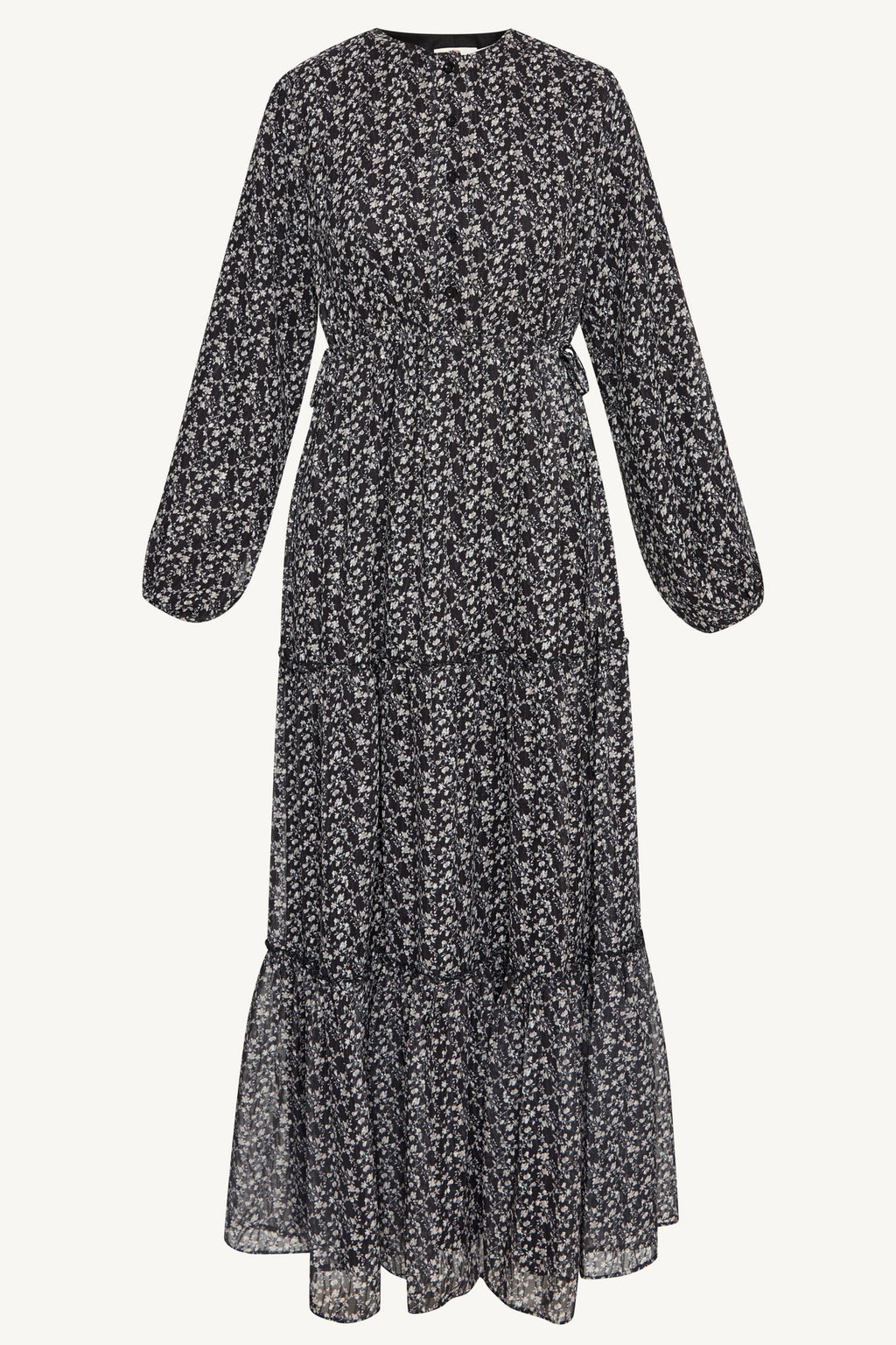 Tiered Flowy Button Down Maxi Dress - Black Floral