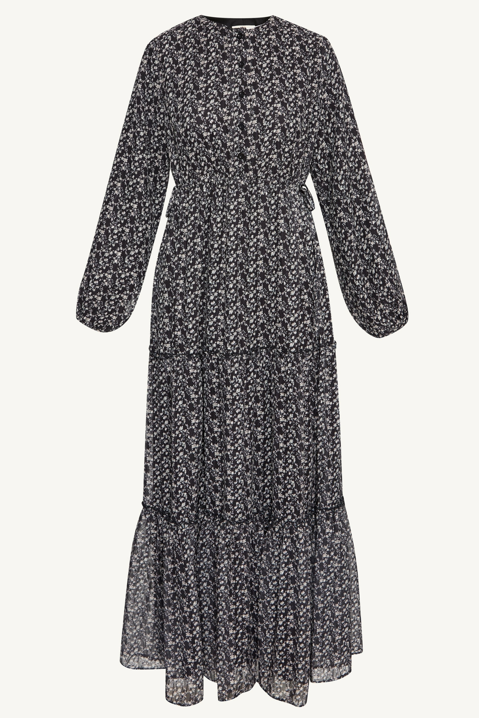 Tiered Flowy Button Down Maxi Dress - Black Floral