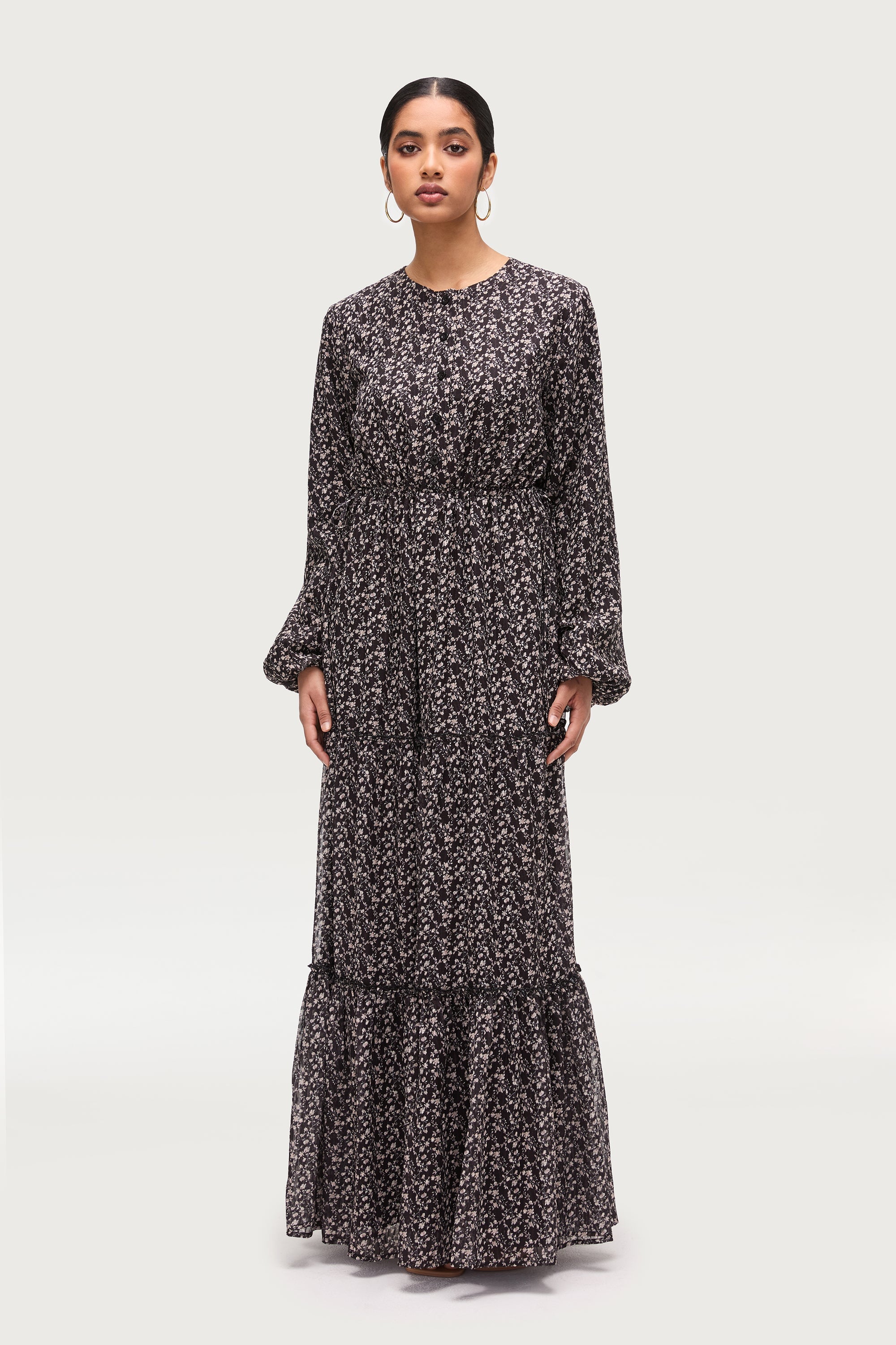 Tiered Flowy Button Down Maxi Dress - Black Floral