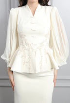Hana Frog Button Lace Peplum Skirt Set-Apricot