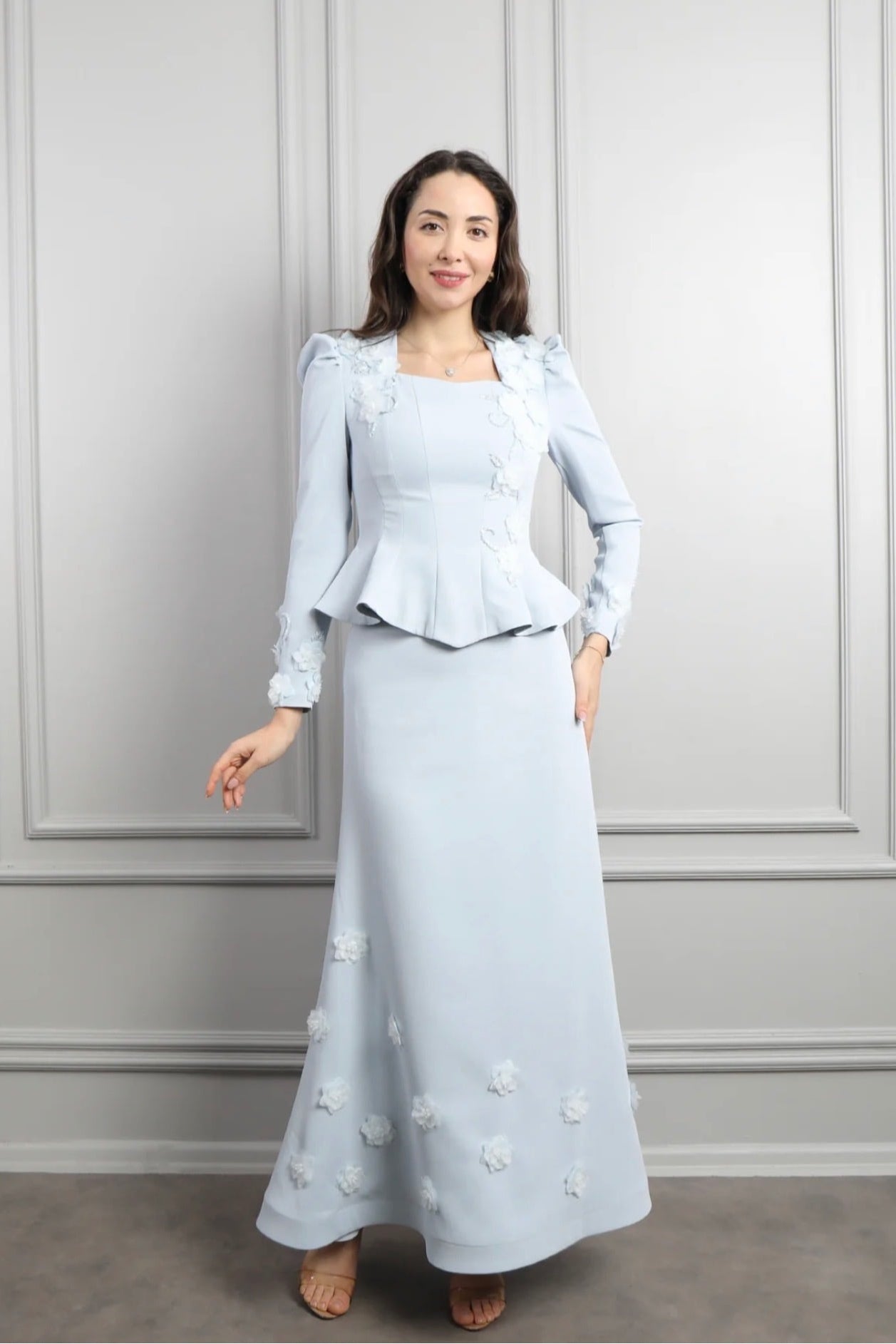 Hana 3D Floral Peplum Two Piece Suit-Blue
