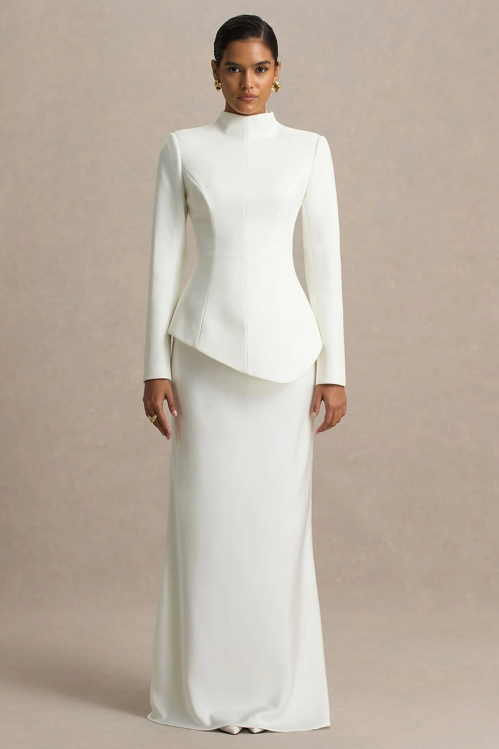 Sculpted Asymmetric Peplum Maxi Dress