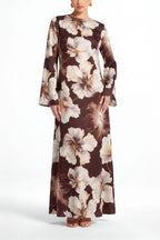 Large Floral Print Bell Sleeve Maxi Dress-Coffee