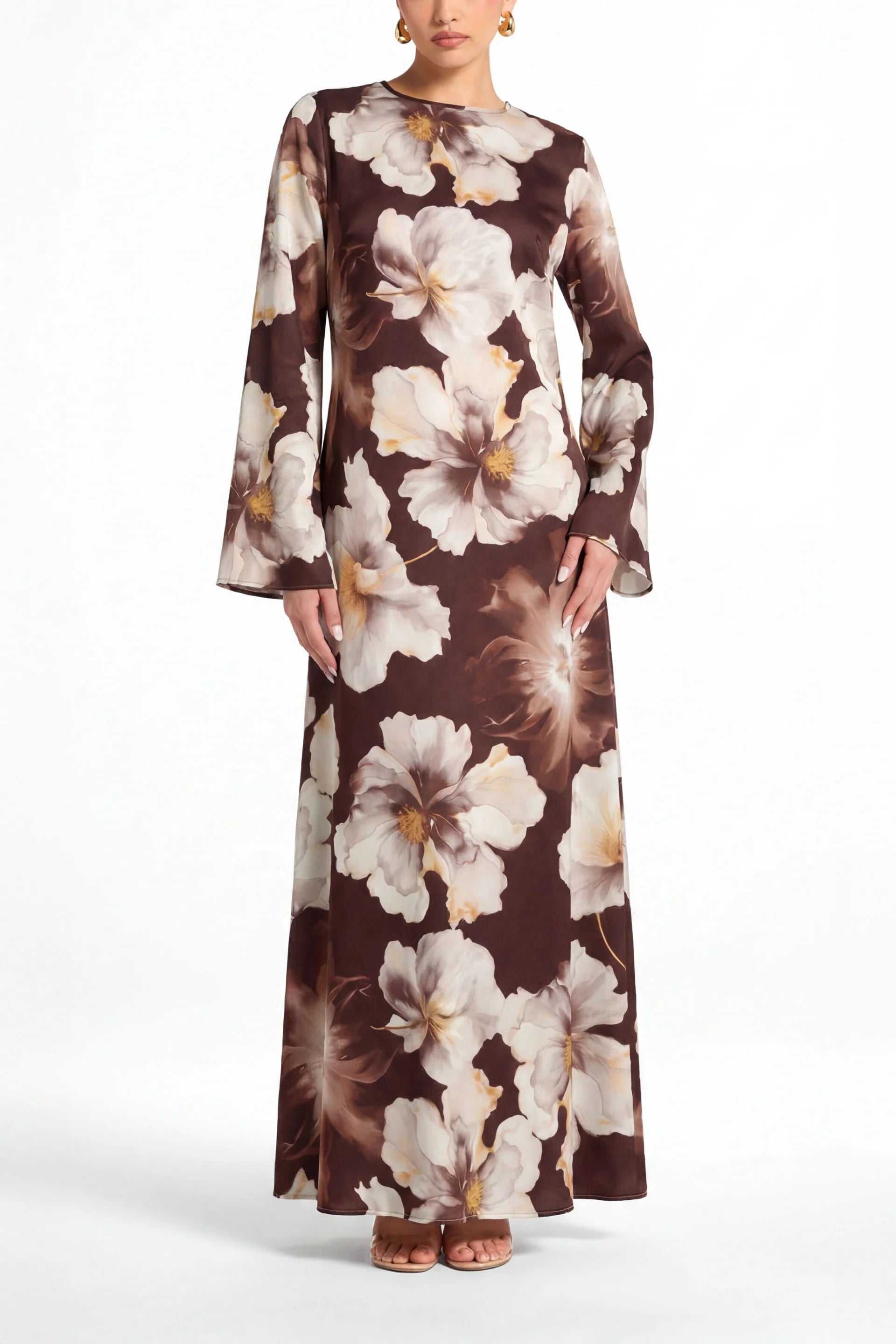 Large Floral Print Bell Sleeve Maxi Dress-Coffee