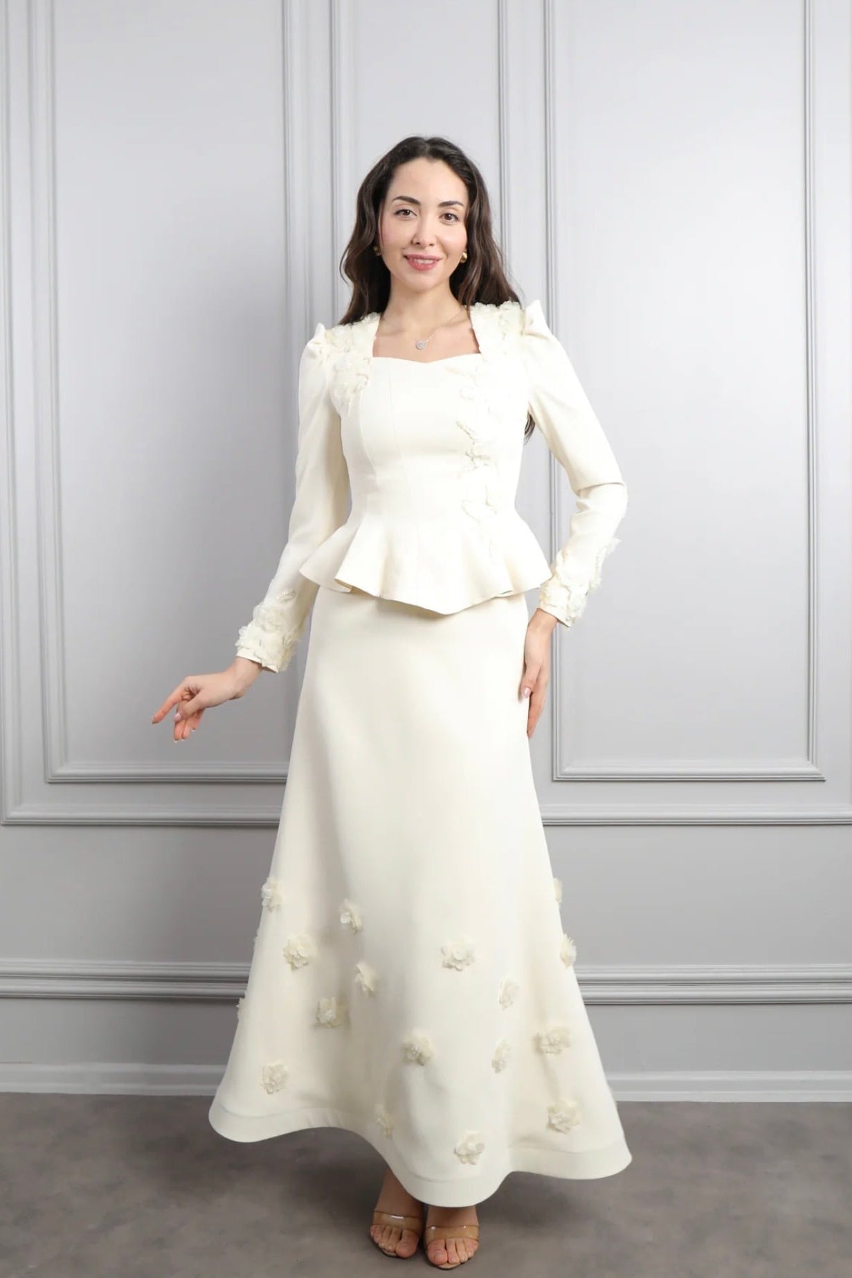 Hana 3D Floral Peplum Two Piece Suit-White