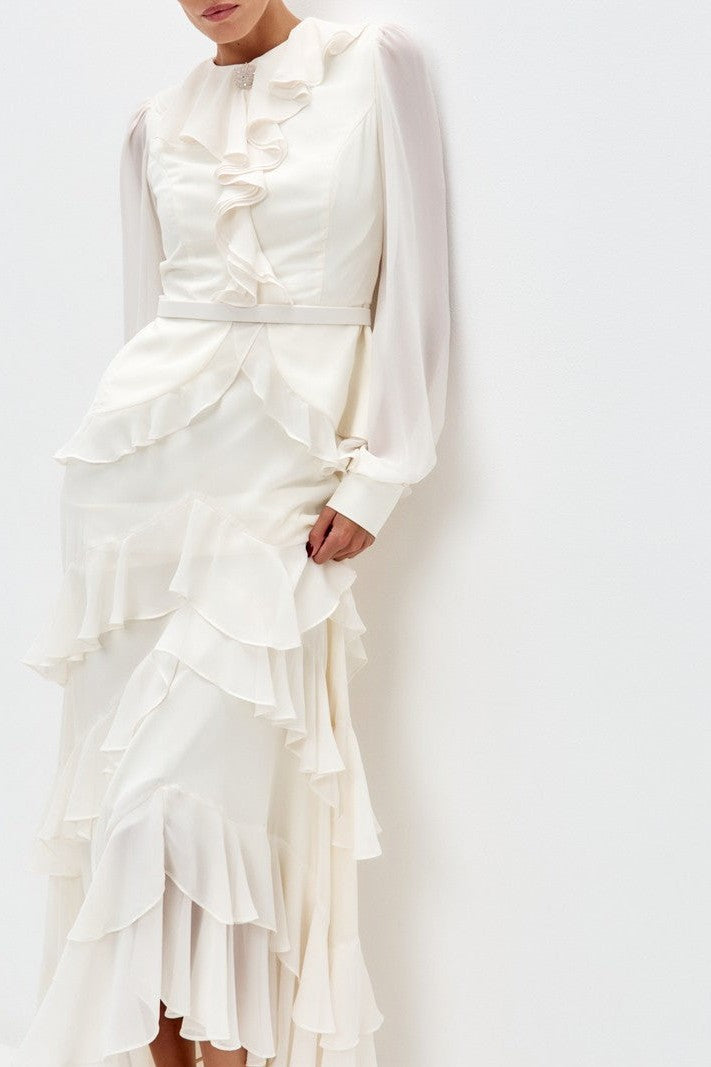 Elegant Ruffled Tiered Maxi Gown-White