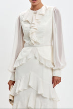 Elegant Ruffled Tiered Maxi Gown-White