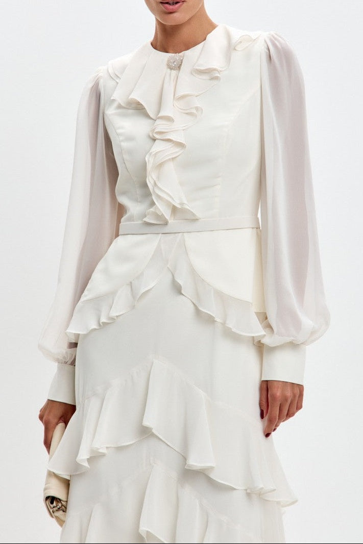 Elegant Ruffled Tiered Maxi Gown-White