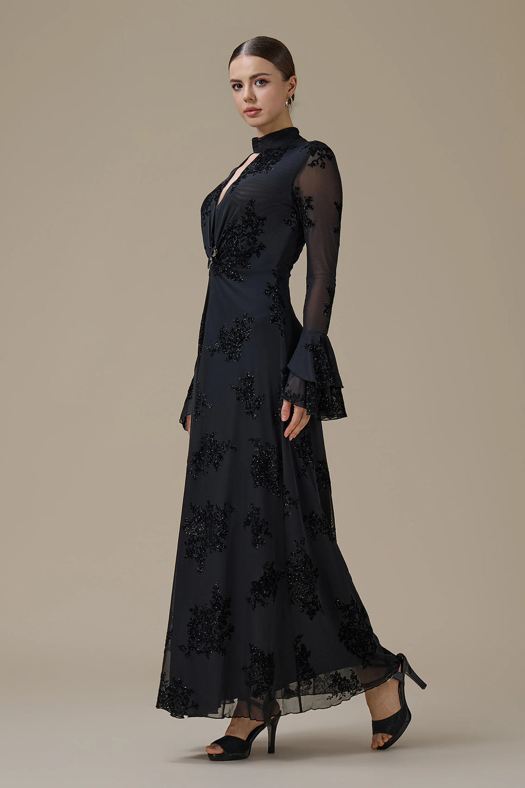 Kaia Twist Front Flare Sleeve Maxi-Black